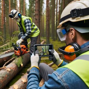 Travailleur en tenue de sécurité utilisant une tronçonneuse dans les bois dont les compétences sont documentées par un collègue capturant des images sur smartphone via la solution 360SkillVue.