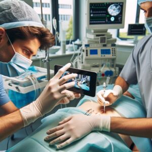 Chirurgien utilisant la solution 360SkillVue sur tablette pour évaluer la conformité des pratiques d'un collègue lors d'une intervention sur un patient allongé.