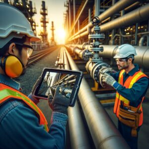 A skilled worker in safety gear carries out a control operation in an oil complex, while his progress is filmed by a colleague using the 360SkillVue tablet solution to track his skills.