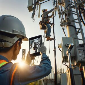 A qualified worker in safety gear carries out maintenance work on a relay antenna, while his movements are captured by a colleague using the 360SkillVue tablet solution.